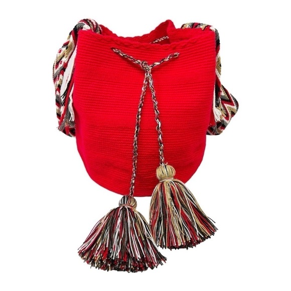 Bag Wayuu Mochila Bucket Boho Colombia Rioacha Red White Black Tan Purse - Picture 1 of 8
